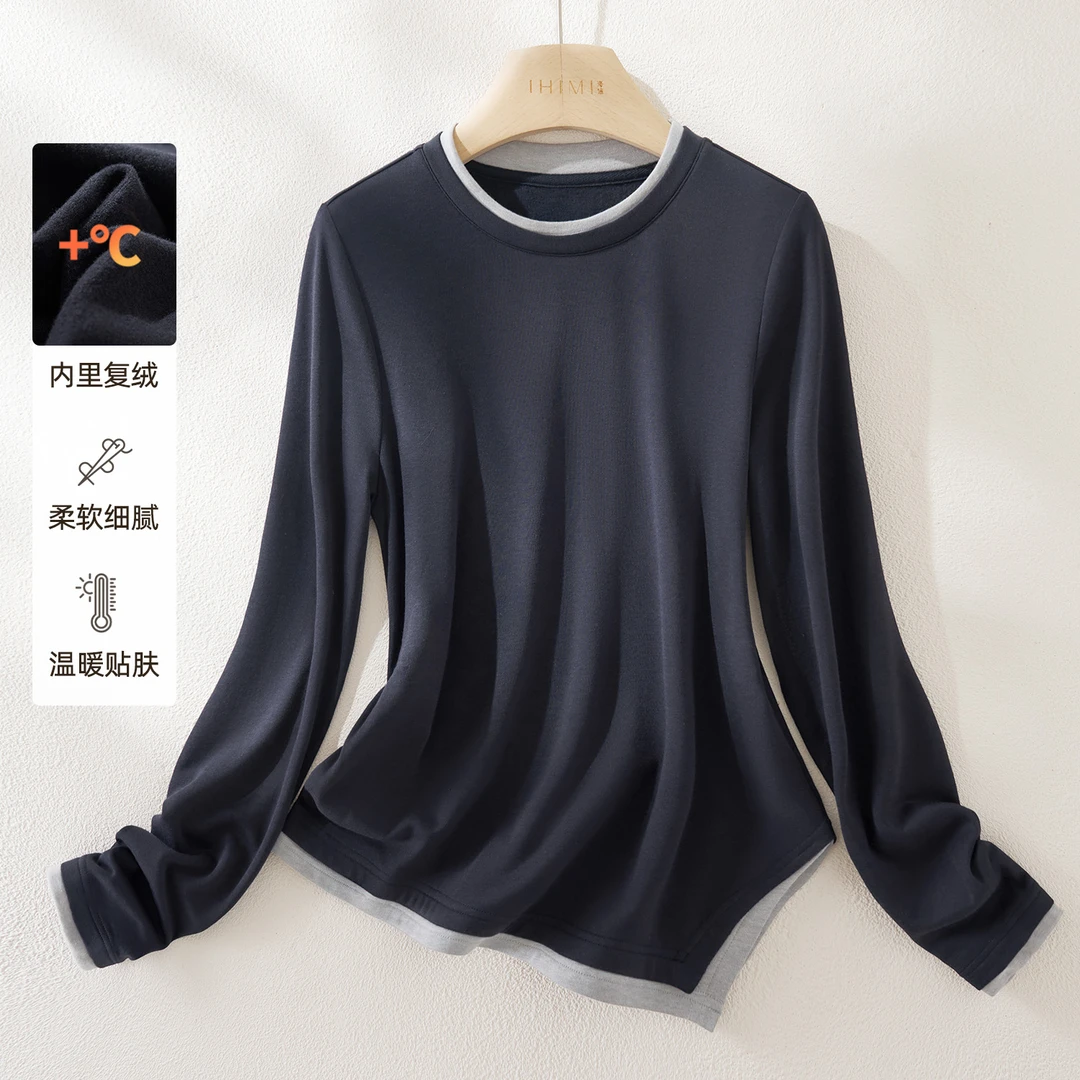IHIMI/海谧【假两件斜摆开衩打底衫】冬季女亲肤软糯修身打底衫6394