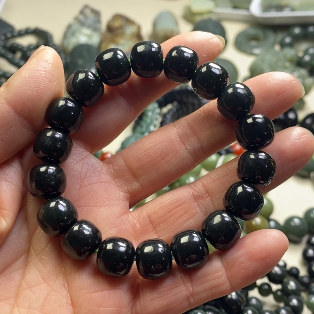 和田玉未镶嵌手链新疆和田黑青玉卡12老型手串