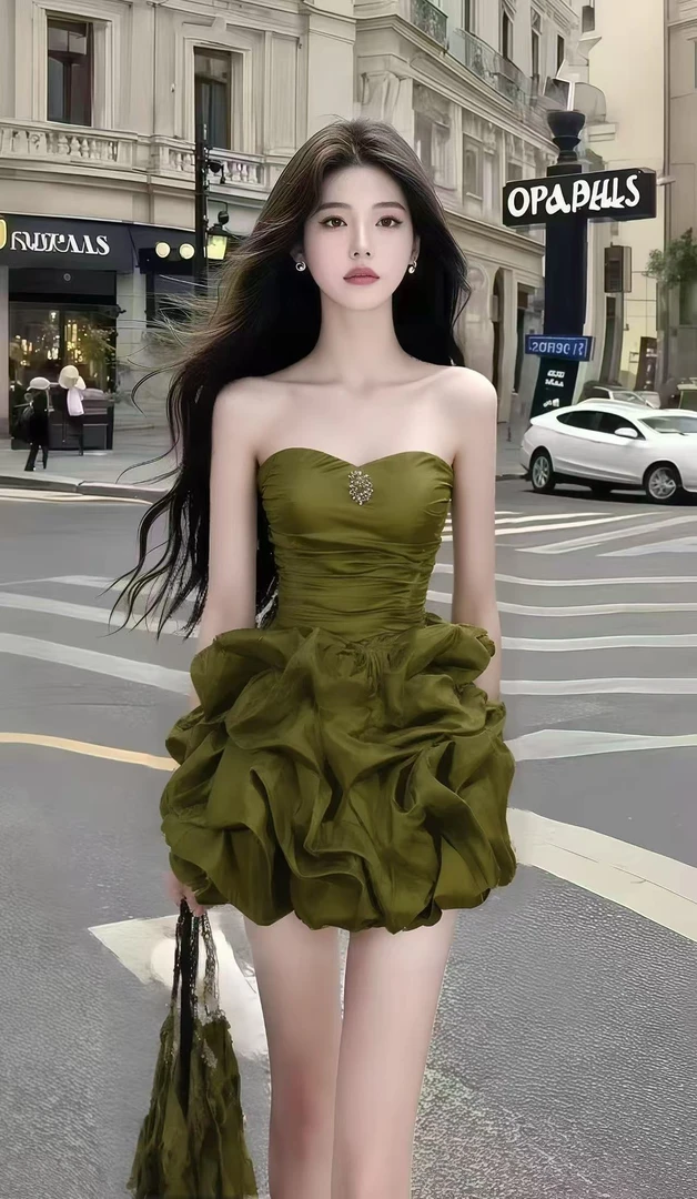 时尚温婉气质千金风绿色桃心领露肩抹胸无袖高腰蓬蓬裙连衣裙女