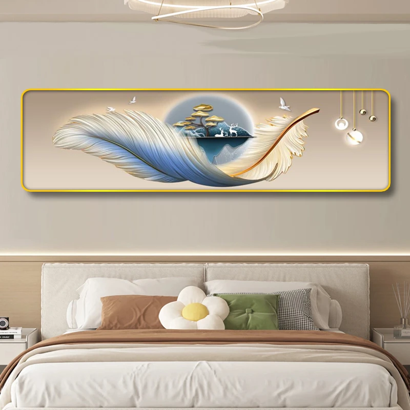 V71镶钻金羽福禄卧室装饰画现代简约床头挂画房间羽毛挂画捡漏