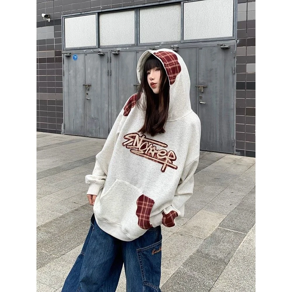 美式格子布连帽卫衣秋冬2025新款爆款宽松百搭oversize情侣上衣潮