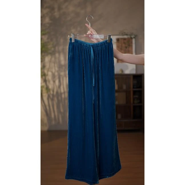 GONG QUE【黑蓝】 早秋宽松百搭时尚真丝丝绒裤 242031