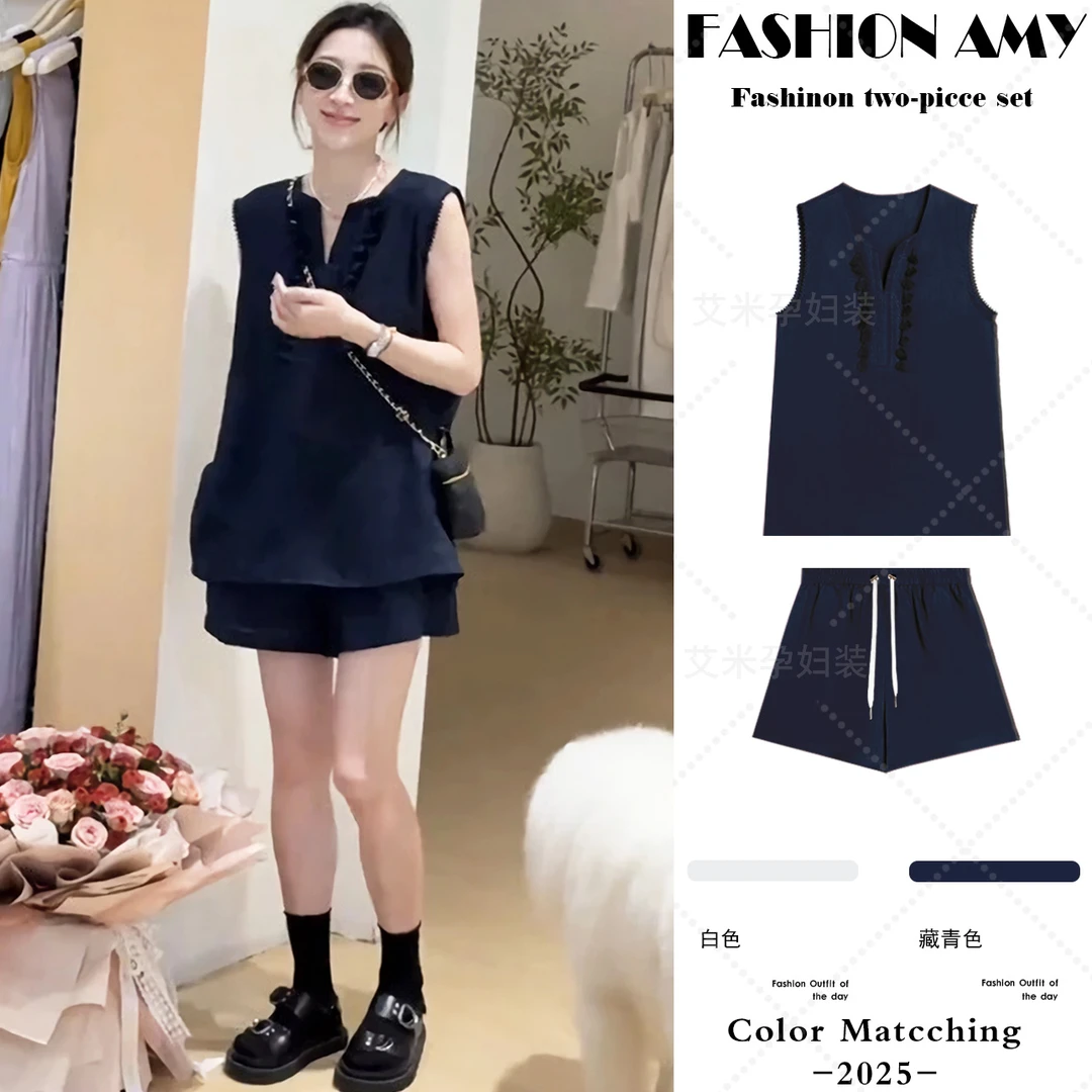 孕妇套装夏装新款时尚韩版宽松显瘦气质V领流苏背心上衣休闲短裤1