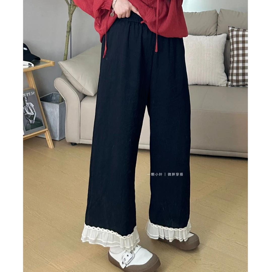 【一颗小叶】春夏大码简约百搭花边裤宽松显瘦气质皱皱休闲裤