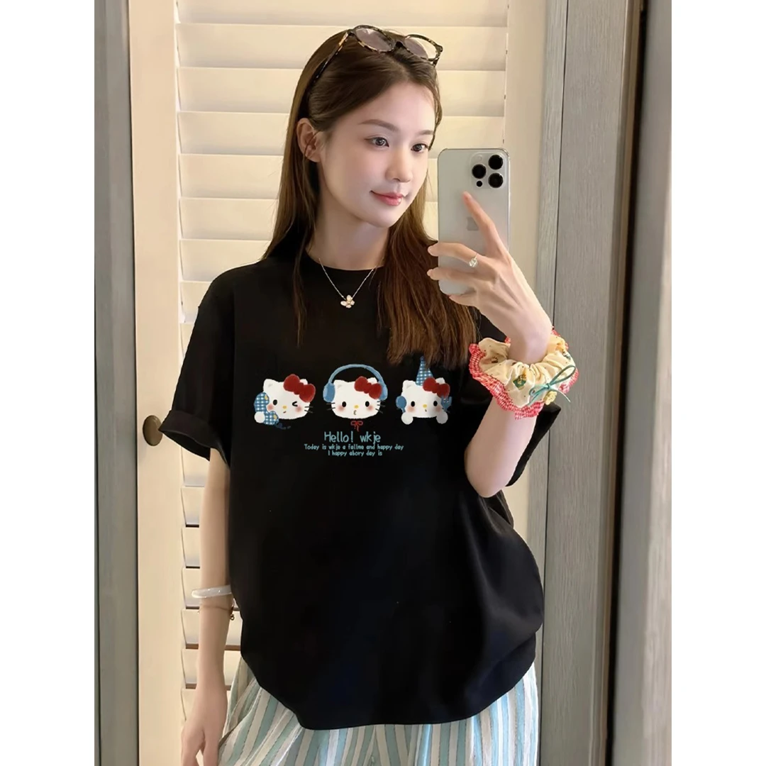 YWBY美式可爱卡通kitty学院风短袖t恤女潮流百搭宽松显瘦圆领上衣