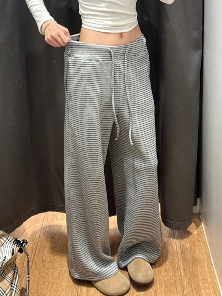 灰色针织条纹糯米裤子宽松bf慵懒风秋冬大码女装休闲直筒阔腿长裤