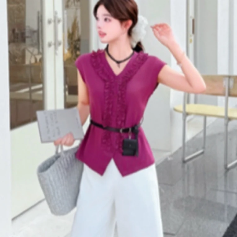 夏季新款V领木耳边收腰显瘦无袖百搭衬衫女气质短款上衣气质套装
