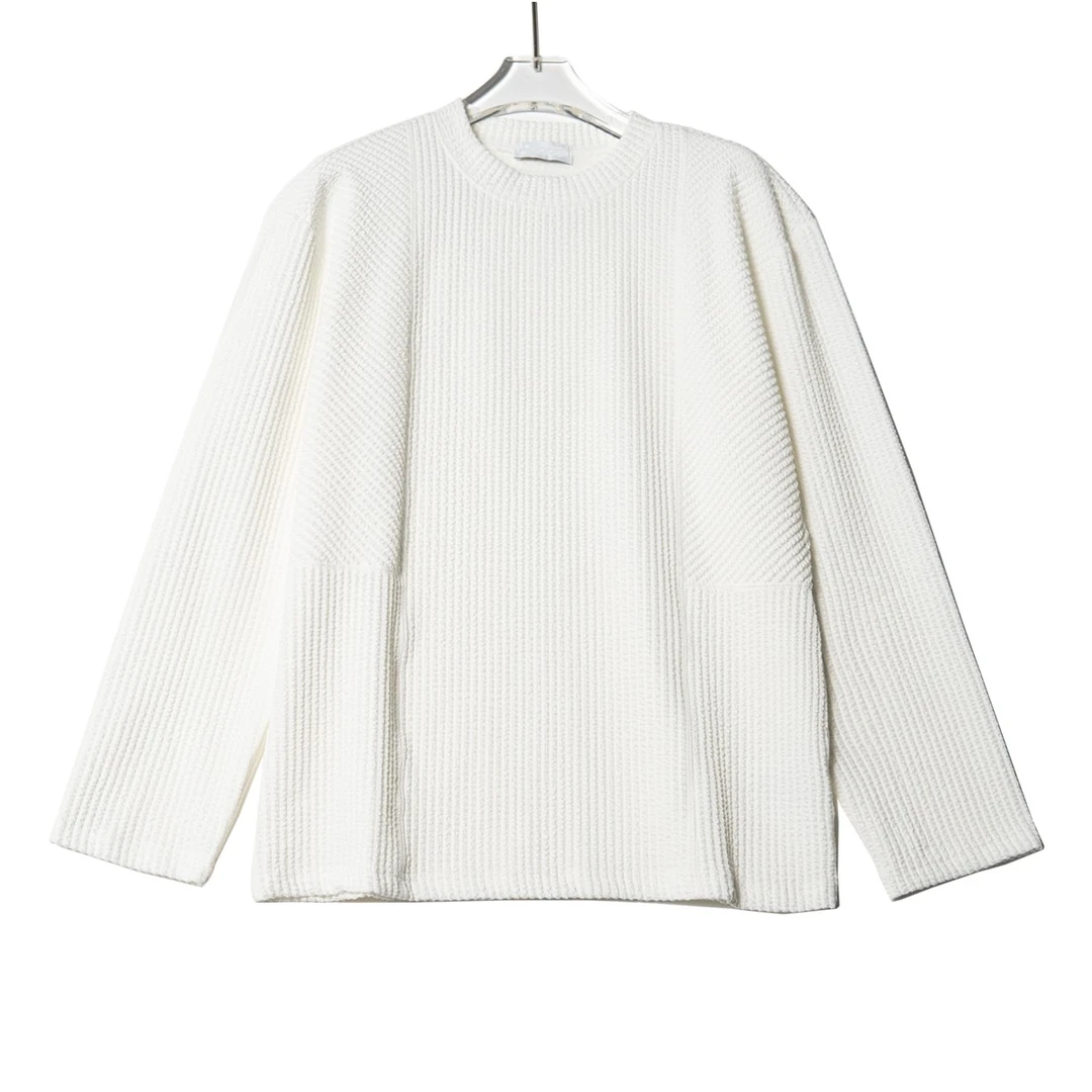 坑条纹宽松圆领长袖T恤日系韩版简约休闲透气打底衫男女上衣T25