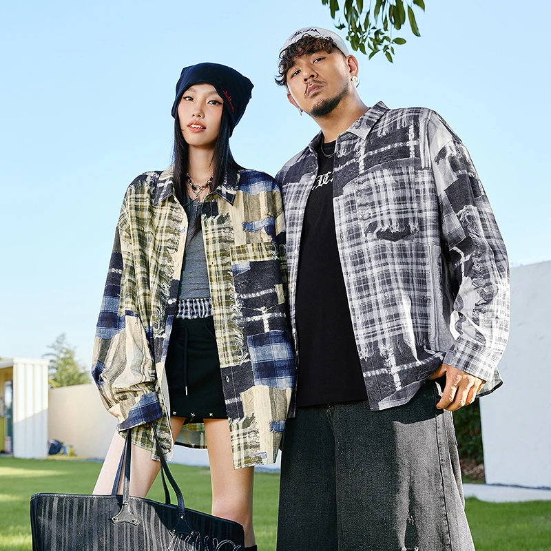 NMAX大码潮牌男装春季数码印花拼接长袖衬衫潮流宽松上衣FNC006