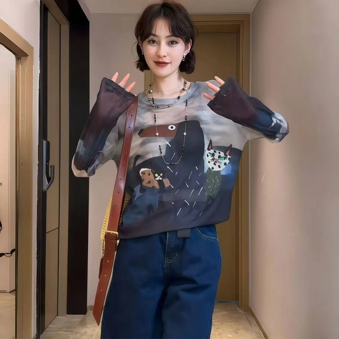 气质薄款大码微胖mm微透设计感涂鸦防晒长袖t恤女夏季上衣罩衫