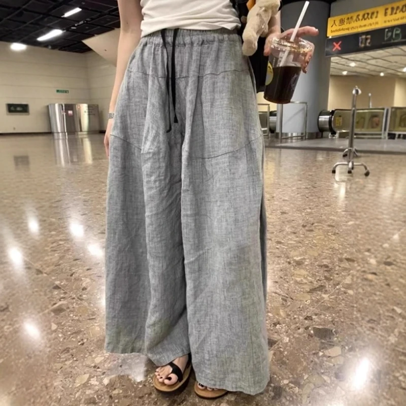 高级灰亚麻色织宽松阔腿裤裤裙今年流行设计感显瘦山本裤休闲裤子