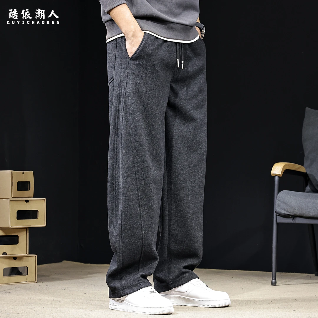 高端绵羊毛直筒运动裤男秋冬2025新款休闲长裤子宽松大码加绒卫裤