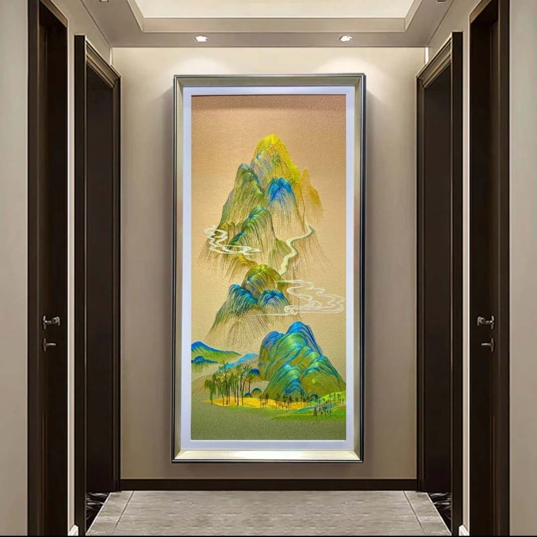 刺绣玄关装饰画新中式苏绣挂画织锦迎门高端走廊竖版壁画千里江山