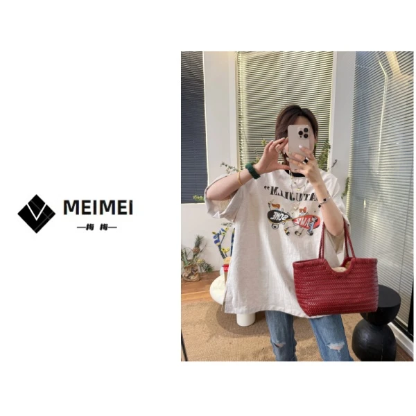 XMM【棉麻大版T恤】时尚百搭撞色休闲宽松简约夏季圆领重工衣-58195