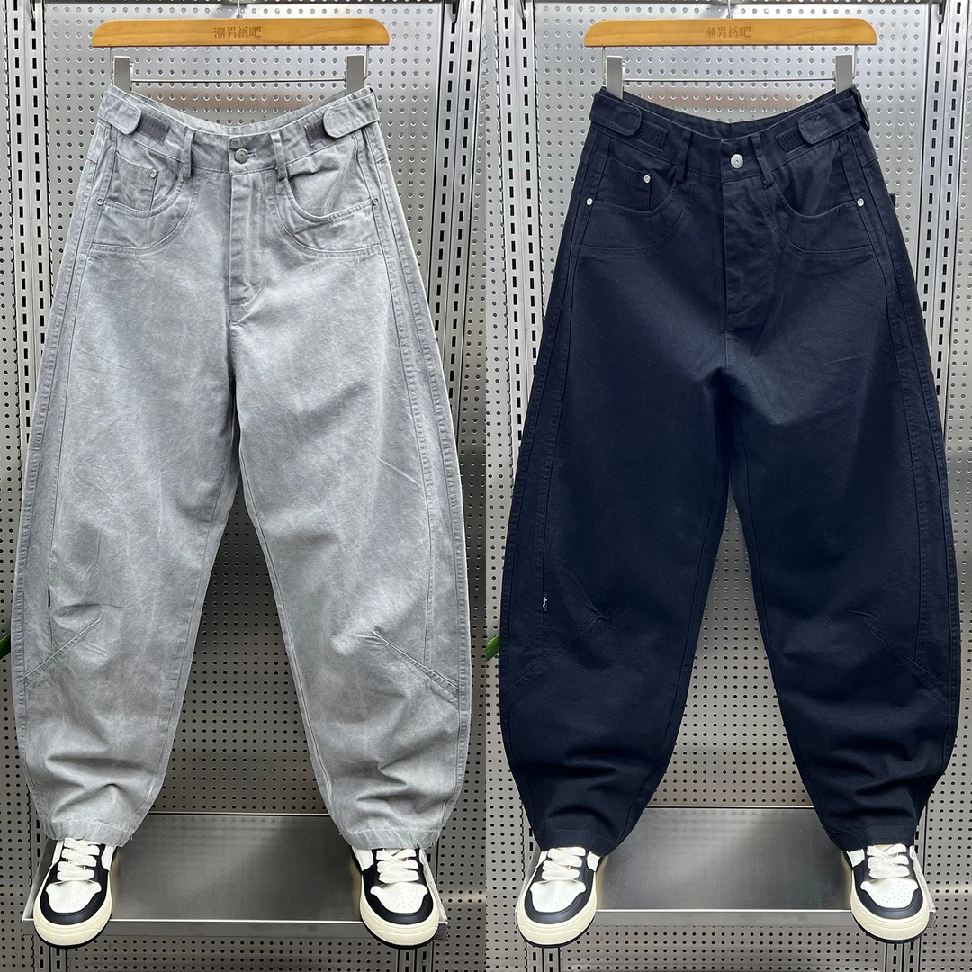 早秋新款美式复古脏白色弯刀牛仔裤潮流宽松阔腿裤水洗做旧弯刀裤