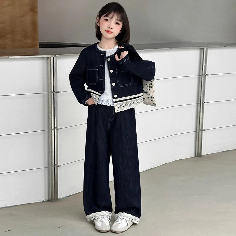 蕾丝边女童牛仔套装秋装2025新款儿童大童洋气童装牛仔外套两件套
