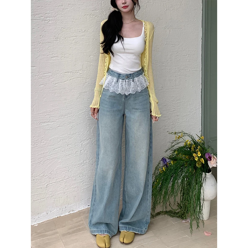 甜美蕾丝花边拼接阔腿牛仔裤女2025冬季新款高腰宽松显瘦拖地长裤