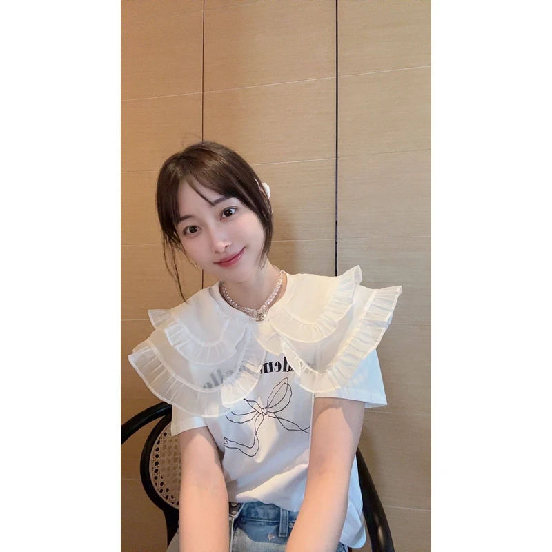 【张静芝】蝴蝶结印花双层荷叶领T恤