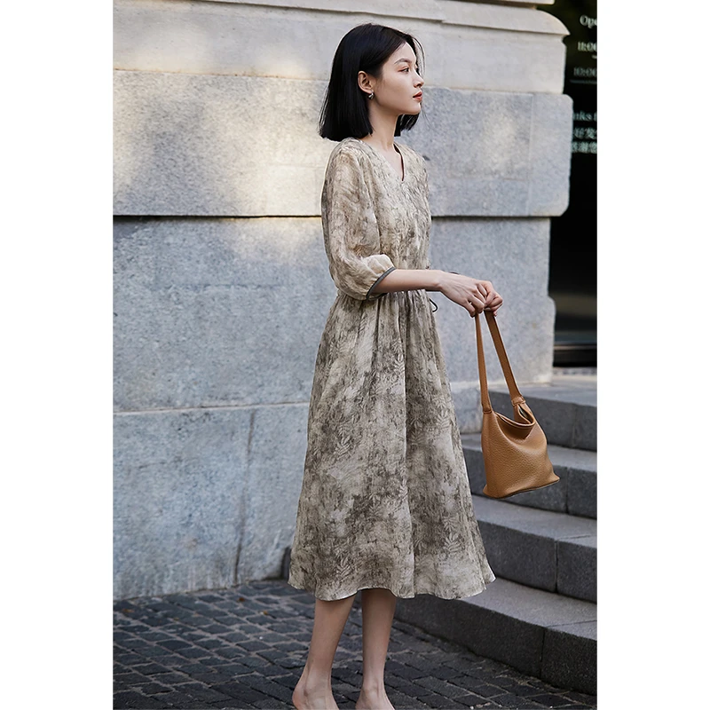 笑涵阁 夏季新天丝苎麻印花复古通勤连衣裙女QZP781399MG