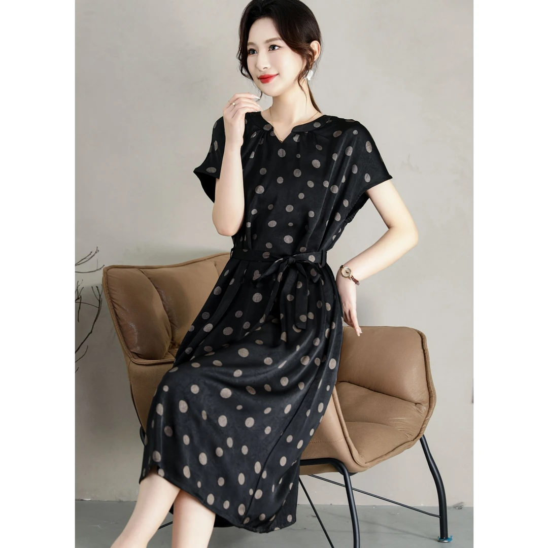 【全包边】Y1160波点新中式真丝连衣裙显瘦遮肚子加肥加大长裙子