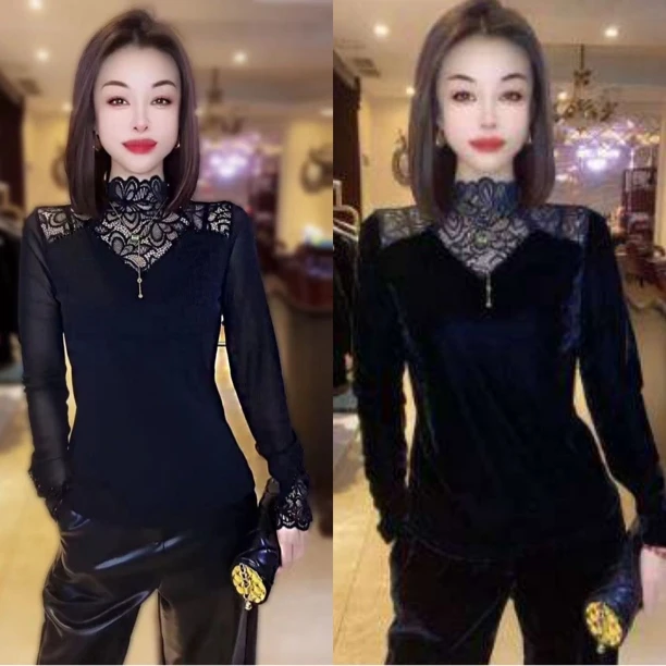 新款网纱拼接蕾丝半高领长袖百搭时尚洋气打底上衣内搭