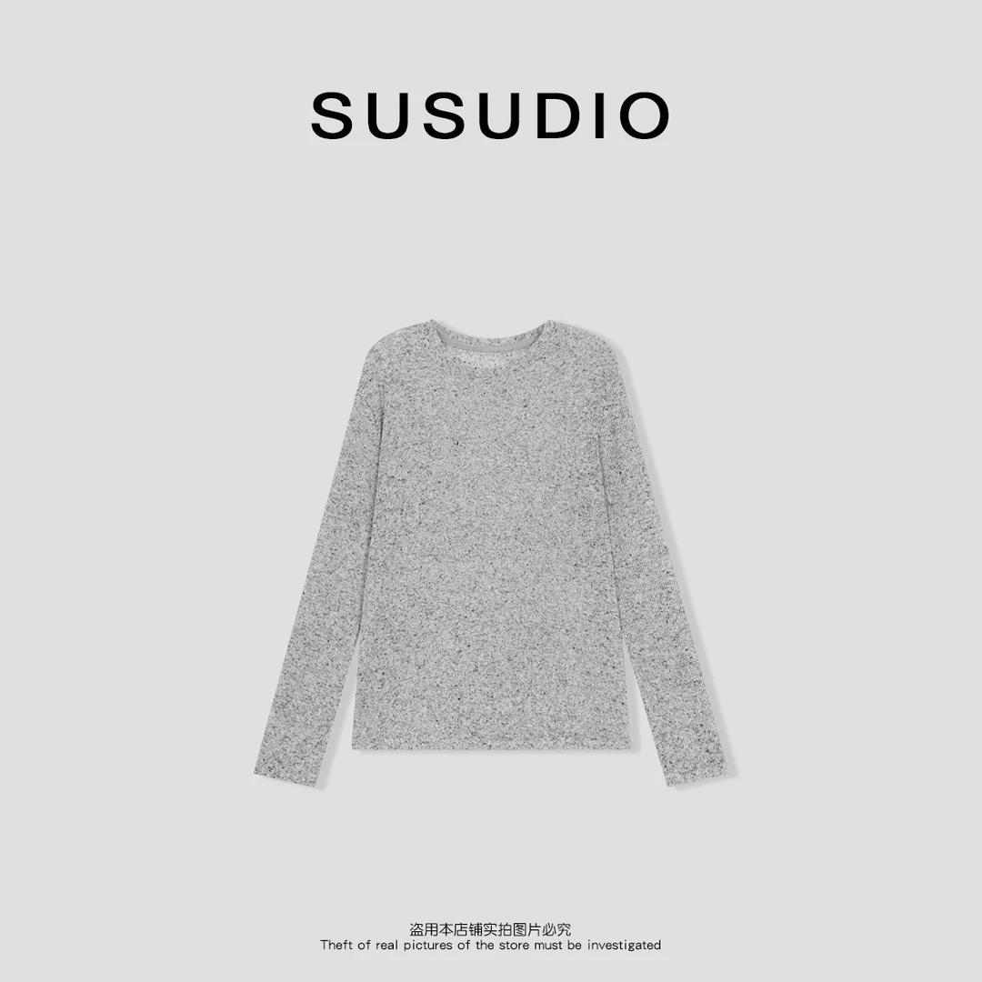 SUSUDIO 夏季新款麻感圆领舒适透气显瘦灰色长袖T恤 10167