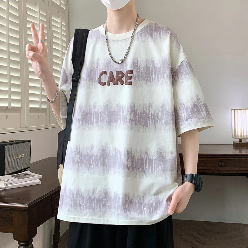 渐变条纹短袖男夏季落肩袖宽松t恤半袖男潮牌上衣青少年帅气体恤T