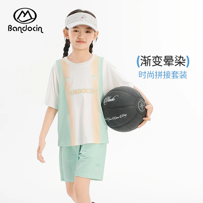 BANDOCIN女童时尚拼接套装夏季宽松透气凉感两件套户外运动训练服