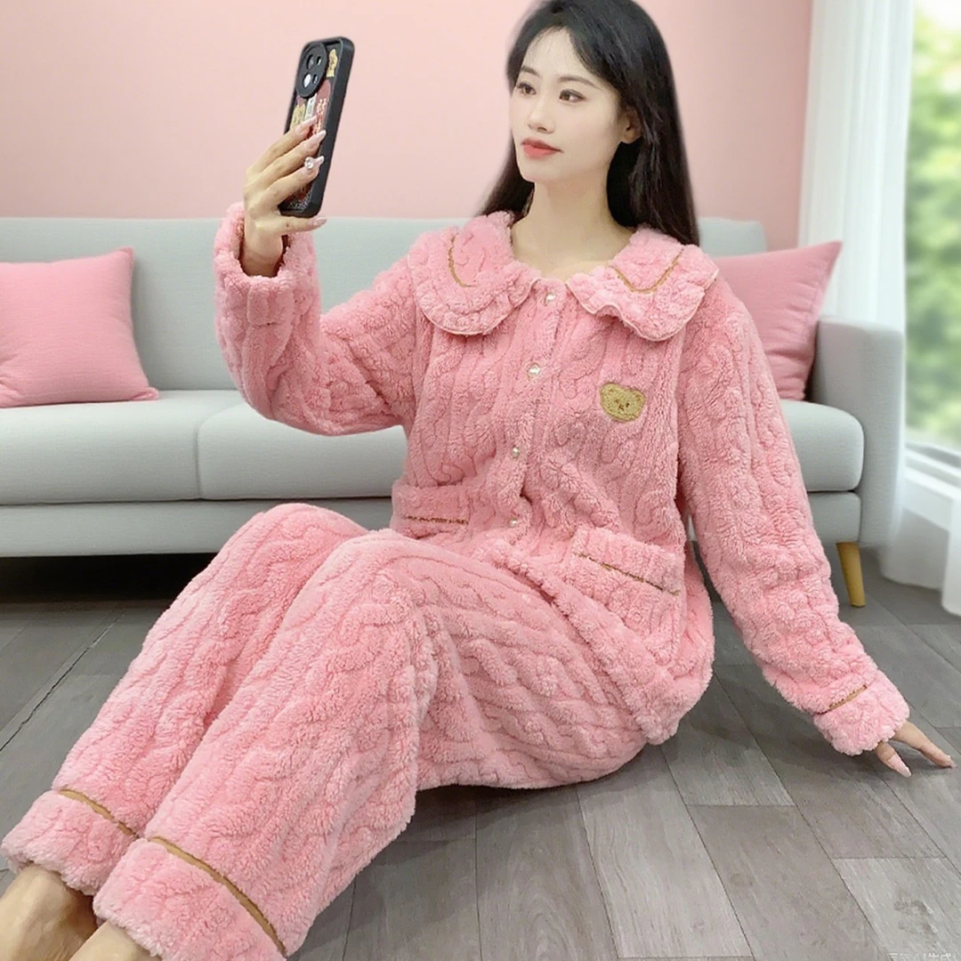 加厚双面绒睡衣女保暖法兰绒韩版家居家居服女冬加绒外出可穿Y91