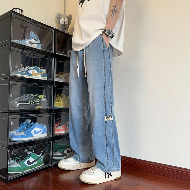 夏季冰丝薄款牛仔裤男初中高中学生宽松直筒阔腿裤帅气大童长裤子