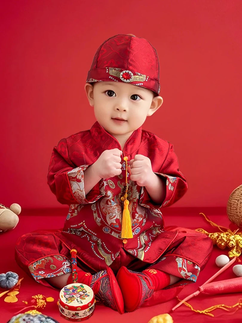 周岁礼服男宝宝抓周红色唐装满月百天薄款衣服新中式婴儿服汉服