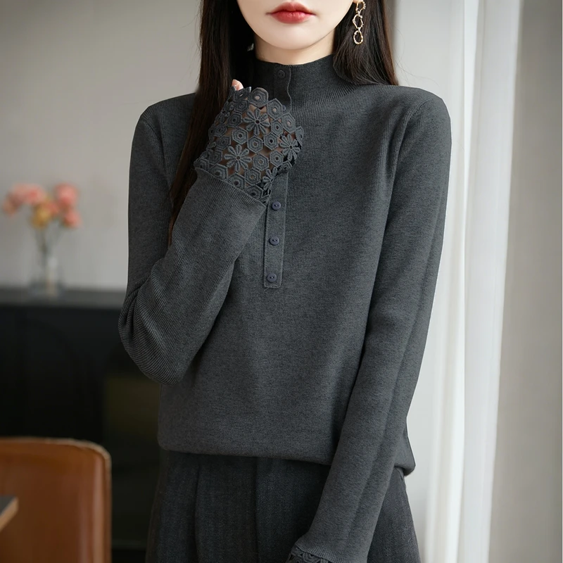 品牌女装秋冬新款半高领钩花蕾丝针织衫宽松显瘦内搭打底衫毛衣女