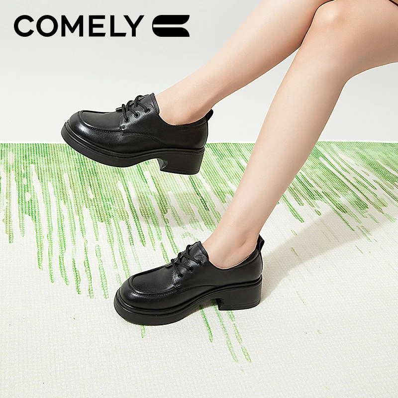 【康莉COMELY】真皮小皮鞋舒适新款复古厚底增高系带圆头休闲女鞋