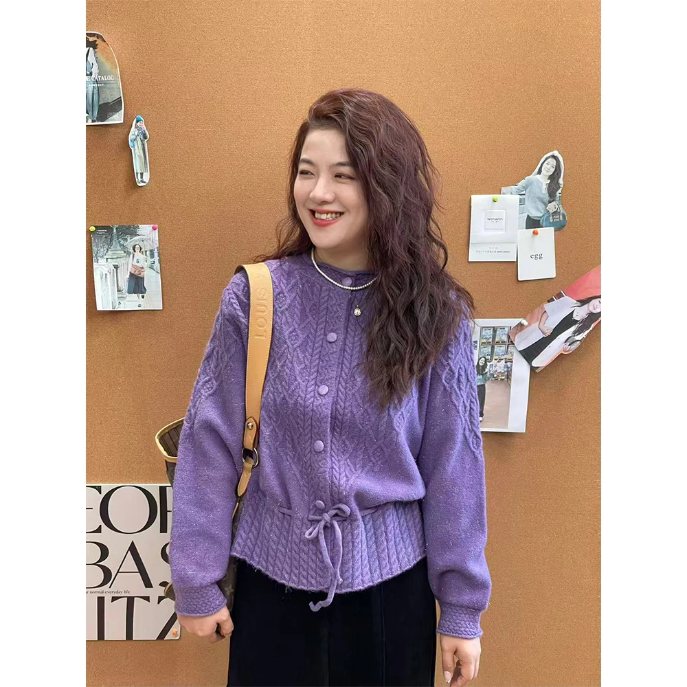 WenWen小个子2025秋冬新款收腰设计百搭麻花抽绳开衫针织毛衣4693