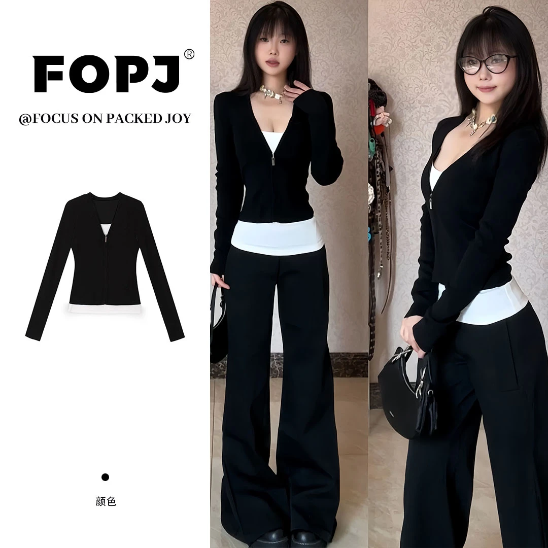 FOPJ时尚撞色假两件长袖t恤打底衫女春季新款小众设计感内搭上衣