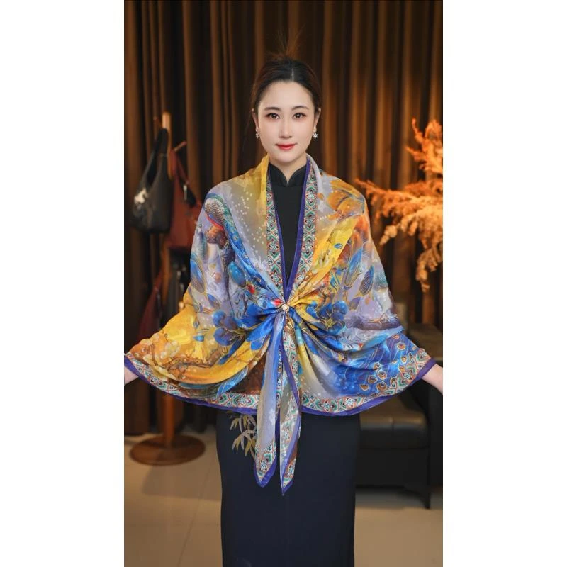 xys-403 【蓝孔雀】提花 薯莨纱 新中式剪花轻奢国风180*70丝巾