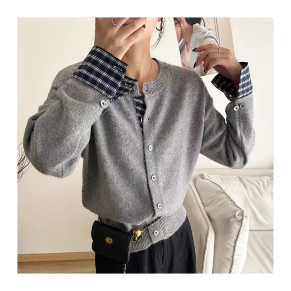 丽姐家~格子假两件灰时尚休闲百搭女士加厚宽松上衣906