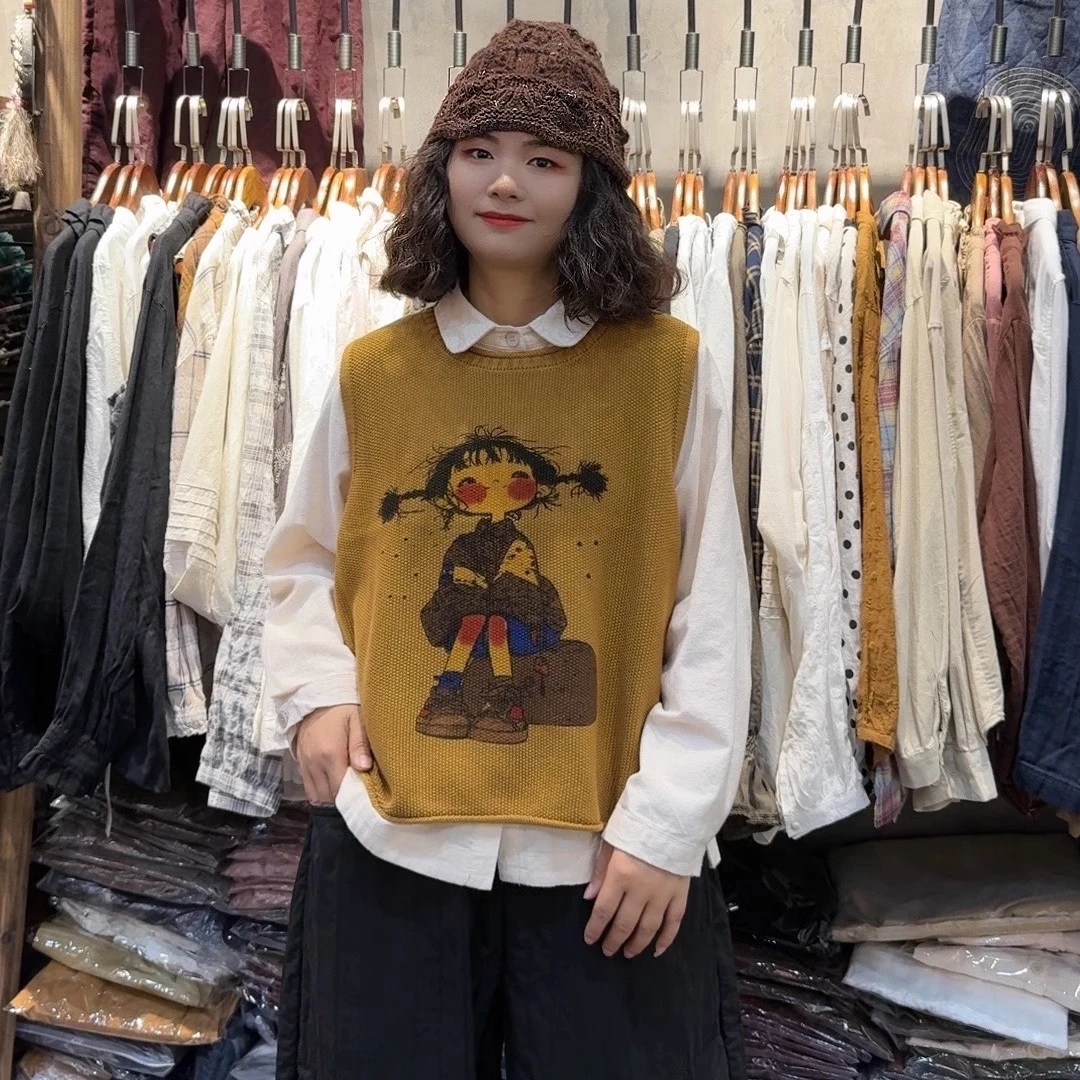 显瘦春秋印花宽松圆领针织马甲外搭女款马夹背心小坎肩衬衫叠穿