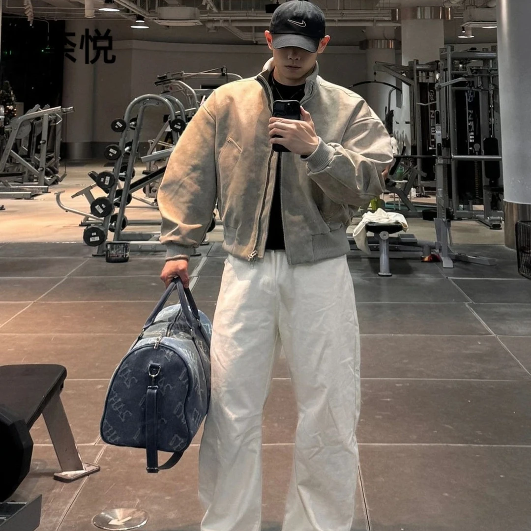 硬汉立领飞行员夹克男款春秋美式扎染皮衣外套痞帅廓形短款棒球服