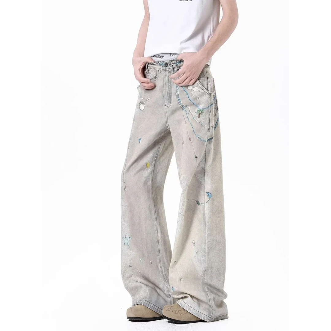 穿搭美式印花新款牛仔裤夏季秋季潮牌破洞弯刀裤子直筒裤拖地裤