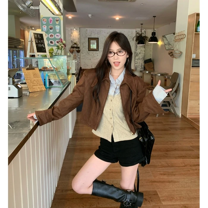 美拉德套装假两件条纹衬衫女秋季新款叠穿咖色夹克长袖外套两件套