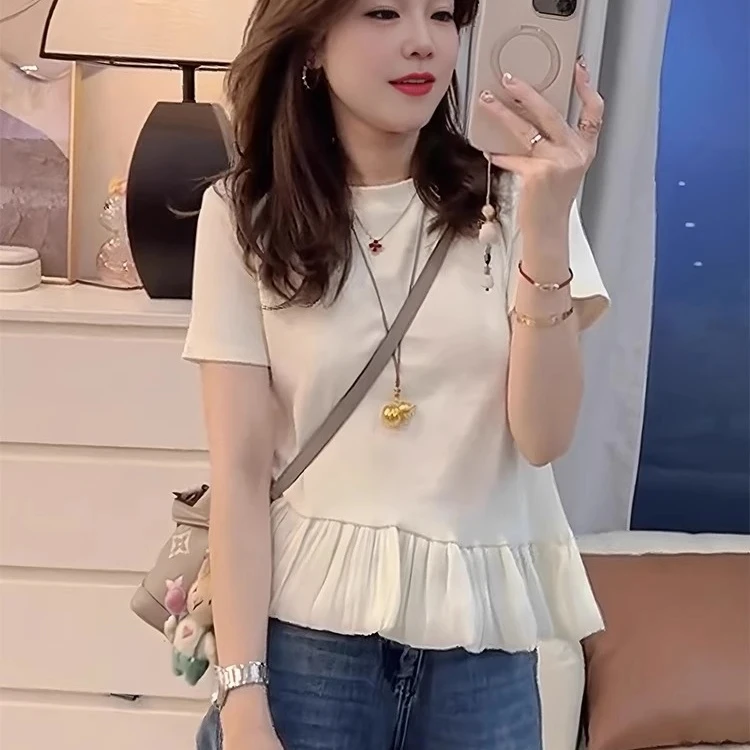 小个子圆领荷叶边短袖t恤女2025新款夏季时尚洋气独特超好看上衣