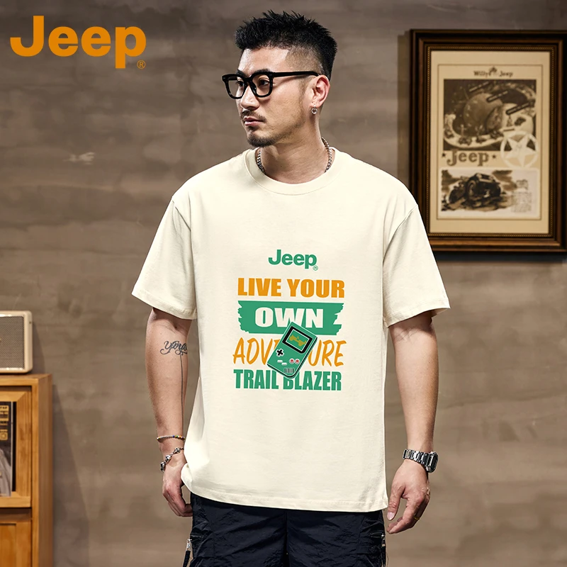 JEEP吉普纯棉短袖T恤男士烫画印花网红ins超火体恤夏季圆领上衣服
