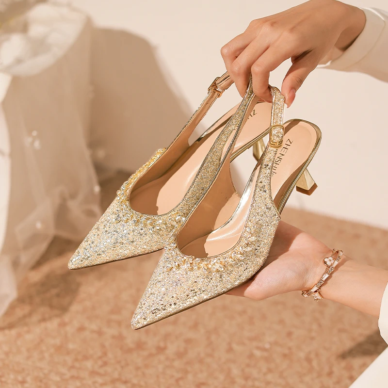 【池美】水晶千金风绝美小高跟鞋女2025新款不累脚尖头后空高跟凉鞋