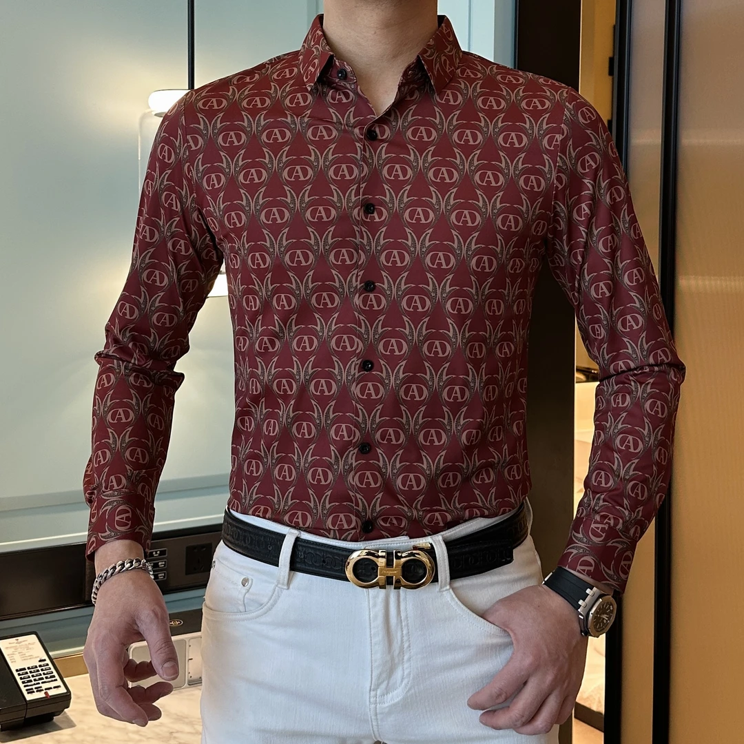 【珍珍男装】2025春款男士轻奢时尚潮流字母提花显瘦翻领长袖衬衫