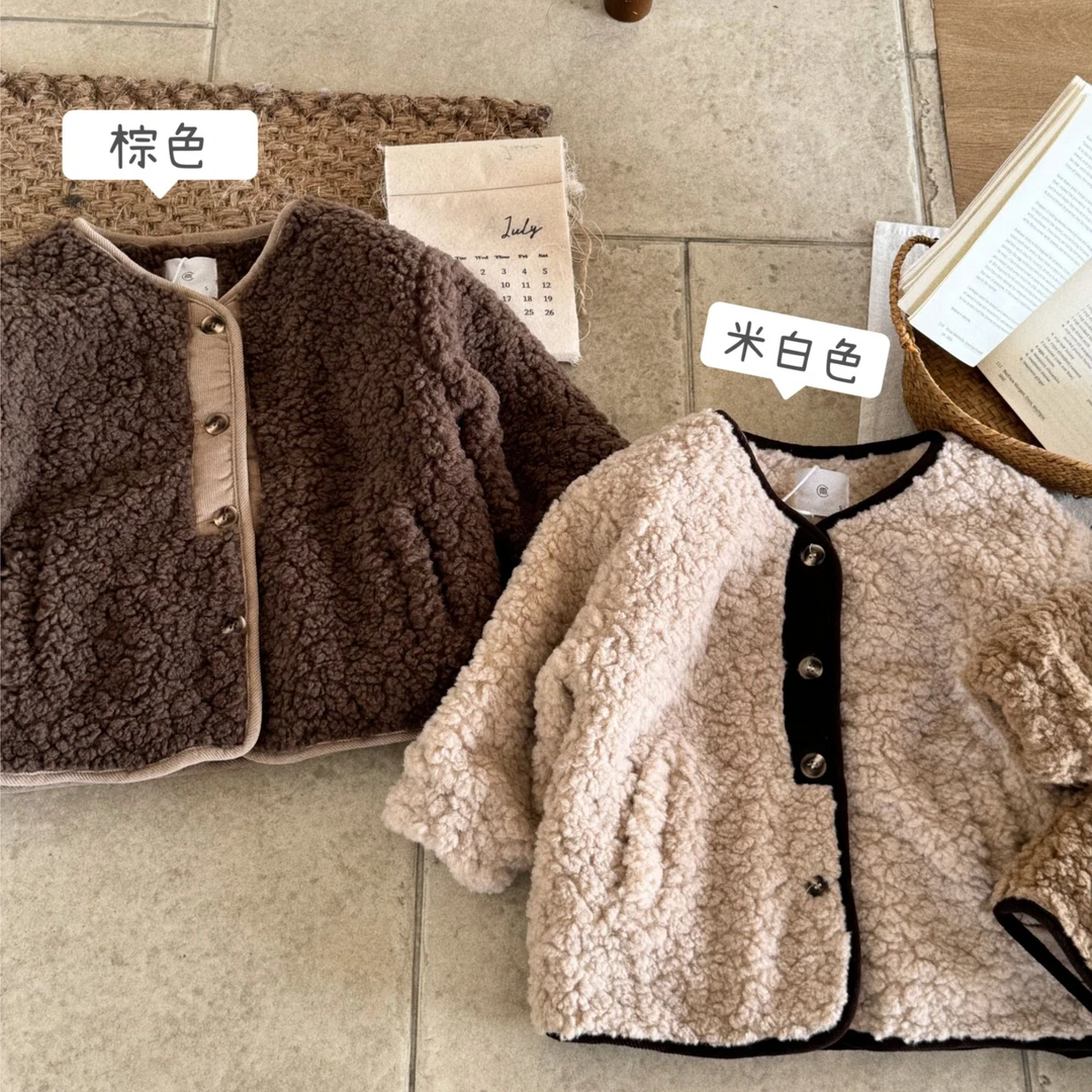 2590（现货）韩版儿童三色拼条绒包边毛毛外套