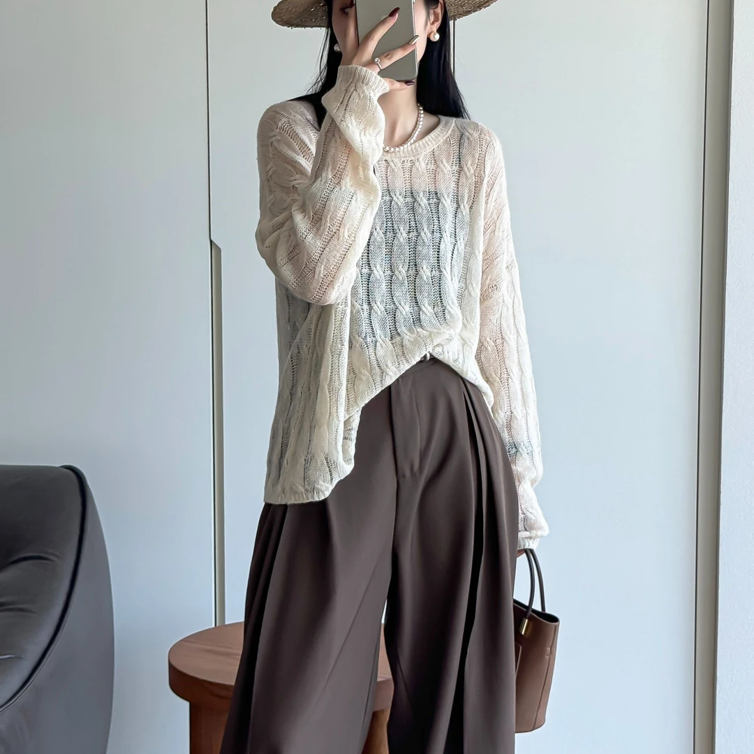 针织宽松型薄款衫宽松镂空慵懒圆领短款百搭时尚WH-24261