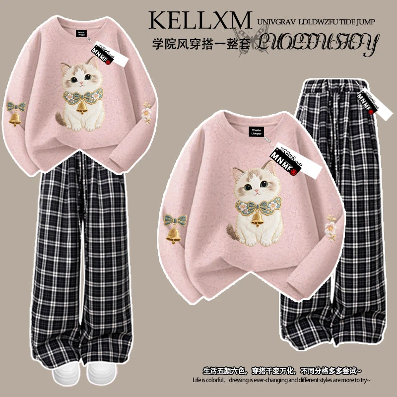 呆萌仿刺绣猫咪女童纯棉扎染长袖t恤格子裤套装中大童韩版潮流ins