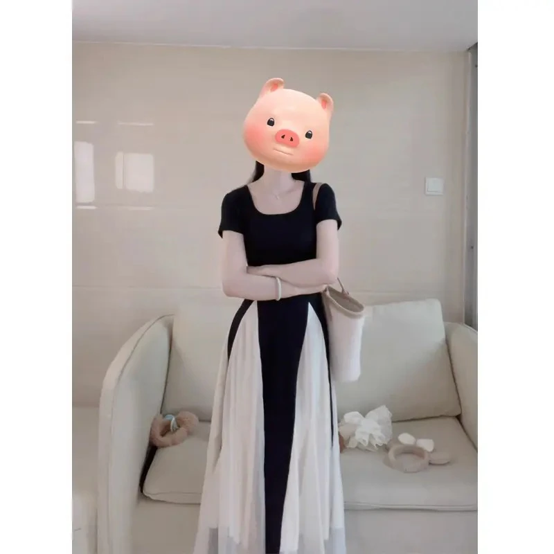 法式高级感气质网纱短袖连衣裙女2025夏御姐收腰显瘦别致大摆长裙