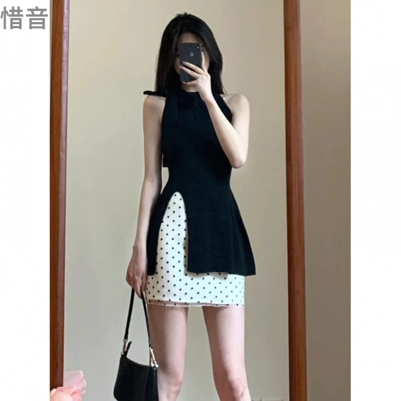 现货 黑色系带蝴蝶结无袖开叉背心女夏季外穿甜辣上衣半身裙套装1